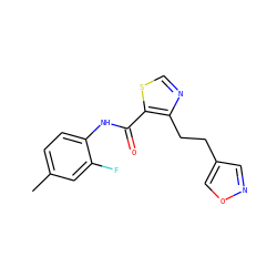 Cc1ccc(NC(=O)c2scnc2CCc2cnoc2)c(F)c1 ZINC000014946562