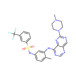 Cc1ccc(NS(=O)(=O)c2cccc(C(F)(F)F)c2)cc1Nc1ncnc2cnc(N3CCN(C)CC3)nc12 ZINC000166180277