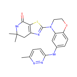 Cc1ccc(Nc2ccc3c(c2)N(c2nc4c(s2)C(=O)NC(C)(C)C4)CCO3)nn1 ZINC000040951490