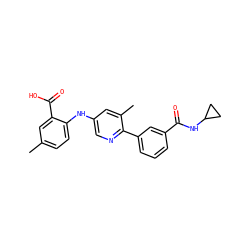 Cc1ccc(Nc2cnc(-c3cccc(C(=O)NC4CC4)c3)c(C)c2)c(C(=O)O)c1 ZINC000113898482