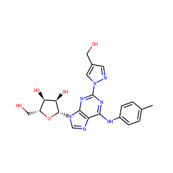Cc1ccc(Nc2nc(-n3cc(CO)cn3)nc3c2ncn3[C@@H]2O[C@H](CO)[C@@H](O)[C@H]2O)cc1 ZINC000028817677