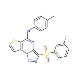 Cc1ccc(Nc2nc3c(S(=O)(=O)c4cccc(Cl)c4)nnn3c3ccsc23)cc1 ZINC000020516499
