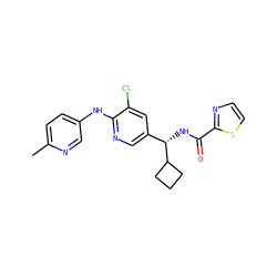 Cc1ccc(Nc2ncc([C@H](NC(=O)c3nccs3)C3CCC3)cc2Cl)cn1 ZINC000473109480