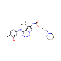 Cc1ccc(Nc2ncnn3cc(NC(=O)OCCCN4CCCCC4)c(C(C)C)c23)cc1O ZINC000028130420