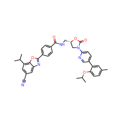 Cc1ccc(OC(C)C)c(-c2ccc(N3C[C@H](CNC(=O)c4ccc(-c5nc6cc(C#N)cc(C(C)C)c6o5)cc4)OC3=O)nc2)c1 ZINC000071341510