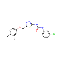 Cc1ccc(OCc2nnc(NC(=O)Nc3cccc(Cl)c3)s2)cc1C ZINC000009170075