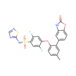 Cc1ccc(Oc2cc(F)c(S(=O)(=O)Nc3ncns3)cc2F)c(-c2ccc3oc(=O)[nH]c3c2)c1 ZINC000205528657
