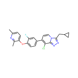 Cc1ccc(Oc2ccc(-c3ccn4c(CC5CC5)nnc4c3Cl)cc2F)c(C)n1 ZINC000114490819