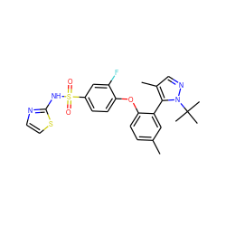 Cc1ccc(Oc2ccc(S(=O)(=O)Nc3nccs3)cc2F)c(-c2c(C)cnn2C(C)(C)C)c1 ZINC000095583663