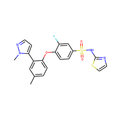 Cc1ccc(Oc2ccc(S(=O)(=O)Nc3nccs3)cc2F)c(-c2ccnn2C)c1 ZINC000095581711