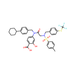 Cc1ccc(S(=O)(=O)N(CC(=O)N(Cc2ccc(C3CCCCC3)cc2)c2ccc(C(=O)O)c(O)c2)Cc2ccc(SC(F)(F)F)cc2)cc1 ZINC000096284653