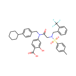 Cc1ccc(S(=O)(=O)N(CC(=O)N(Cc2ccc(C3CCCCC3)cc2)c2ccc(C(=O)O)c(O)c2)Cc2ccccc2C(F)(F)F)cc1 ZINC000096284683