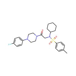 Cc1ccc(S(=O)(=O)N(CC(=O)N2CCN(c3ccc(F)cc3)CC2)C2CCCCC2)cc1 ZINC000008673033