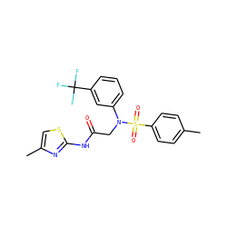 Cc1ccc(S(=O)(=O)N(CC(=O)Nc2nc(C)cs2)c2cccc(C(F)(F)F)c2)cc1 ZINC000653851916