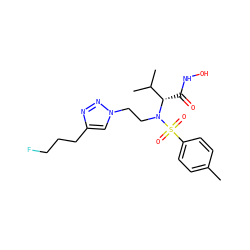 Cc1ccc(S(=O)(=O)N(CCn2cc(CCCF)nn2)[C@@H](C(=O)NO)C(C)C)cc1 ZINC000096934265