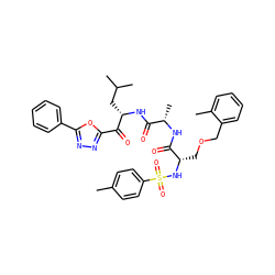 Cc1ccc(S(=O)(=O)N[C@@H](COCc2ccccc2C)C(=O)N[C@@H](C)C(=O)N[C@@H](CC(C)C)C(=O)c2nnc(-c3ccccc3)o2)cc1 ZINC000049817689