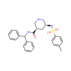 Cc1ccc(S(=O)(=O)N[C@@H]2CNC[C@H](C(=O)NC(c3ccccc3)c3ccccc3)C2)cc1 ZINC000299835407