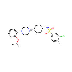 Cc1ccc(S(=O)(=O)N[C@H]2CC[C@@H](N3CCN(c4ccccc4OC(C)C)CC3)CC2)cc1Cl ZINC000101091574