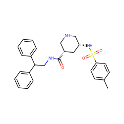 Cc1ccc(S(=O)(=O)N[C@H]2CNC[C@@H](C(=O)NCC(c3ccccc3)c3ccccc3)C2)cc1 ZINC000043151992
