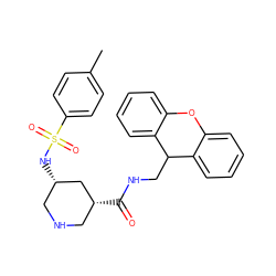 Cc1ccc(S(=O)(=O)N[C@H]2CNC[C@@H](C(=O)NCC3c4ccccc4Oc4ccccc43)C2)cc1 ZINC000036520222