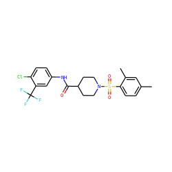 Cc1ccc(S(=O)(=O)N2CCC(C(=O)Nc3ccc(Cl)c(C(F)(F)F)c3)CC2)c(C)c1 ZINC000095594464