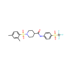 Cc1ccc(S(=O)(=O)N2CCC(C(=O)Nc3ccc(S(=O)(=O)C(F)(F)F)cc3)CC2)c(C)c1 ZINC000095596651