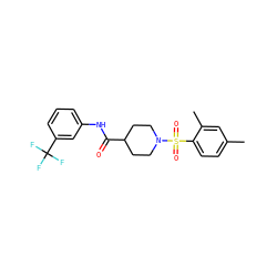 Cc1ccc(S(=O)(=O)N2CCC(C(=O)Nc3cccc(C(F)(F)F)c3)CC2)c(C)c1 ZINC000014429912