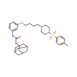 Cc1ccc(S(=O)(=O)N2CCN(CCCCOc3cccc(NC(=O)NC45CC6CC(CC(C6)C4)C5)c3)CC2)cc1 ZINC000066251477