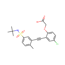 Cc1ccc(S(=O)(=O)NC(C)(C)C)cc1C#Cc1cc(Cl)ccc1OCC(=O)O ZINC000073195782