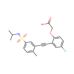 Cc1ccc(S(=O)(=O)NC(C)C)cc1C#Cc1cc(Cl)ccc1OCC(=O)O ZINC000073195938