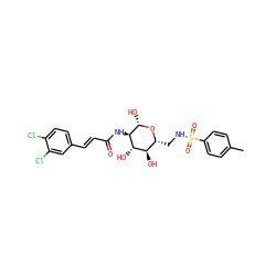 Cc1ccc(S(=O)(=O)NC[C@H]2O[C@@H](O)[C@H](NC(=O)/C=C/c3ccc(Cl)c(Cl)c3)[C@@H](O)[C@@H]2O)cc1 ZINC000205312521