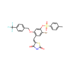 Cc1ccc(S(=O)(=O)Oc2cc(OCc3ccc(C(F)(F)F)cc3)c(/C=C3\SC(=O)NC3=O)cc2Br)cc1 ZINC000072110046