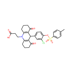 Cc1ccc(S(=O)(=O)Oc2ccc(C3C4=C(CCCC4=O)N(CCC(=O)O)C4=C3C(=O)CCC4)cc2Cl)cc1 ZINC000002115429