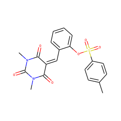 Cc1ccc(S(=O)(=O)Oc2ccccc2C=C2C(=O)N(C)C(=O)N(C)C2=O)cc1 ZINC000002947669