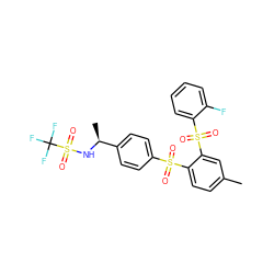 Cc1ccc(S(=O)(=O)c2ccc([C@H](C)NS(=O)(=O)C(F)(F)F)cc2)c(S(=O)(=O)c2ccccc2F)c1 ZINC000028898506