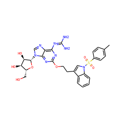 Cc1ccc(S(=O)(=O)n2cc(CCOc3nc(N=C(N)N)c4ncn([C@@H]5O[C@H](CO)[C@@H](O)[C@H]5O)c4n3)c3ccccc32)cc1 ZINC000060246234