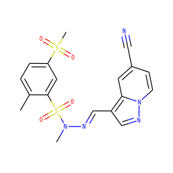 Cc1ccc(S(C)(=O)=O)cc1S(=O)(=O)N(C)/N=C/c1cnn2ccc(C#N)cc12 ZINC000073199138