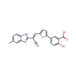 Cc1ccc2[nH]c(/C(C#N)=C/c3ccc(-c4ccc(O)c(C(=O)O)c4)o3)nc2c1 ZINC000005322871