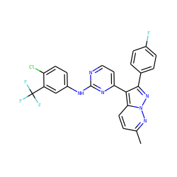 Cc1ccc2c(-c3ccnc(Nc4ccc(Cl)c(C(F)(F)F)c4)n3)c(-c3ccc(F)cc3)nn2n1 ZINC000013582761