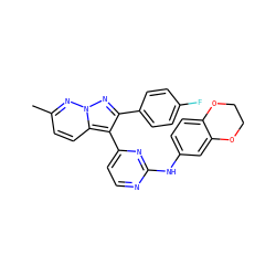 Cc1ccc2c(-c3ccnc(Nc4ccc5c(c4)OCCO5)n3)c(-c3ccc(F)cc3)nn2n1 ZINC000013582758