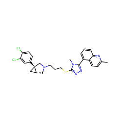 Cc1ccc2c(-c3nnc(SCCCN4C[C@@H]5C[C@]5(c5ccc(Cl)c(Cl)c5)C4)n3C)cccc2n1 ZINC000049033715