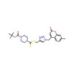 Cc1ccc2c(Cn3cc(CSC(=S)N4CCN(C(=O)OC(C)(C)C)CC4)nn3)cc(=O)oc2c1 ZINC000103297617