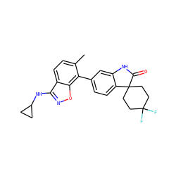 Cc1ccc2c(NC3CC3)noc2c1-c1ccc2c(c1)NC(=O)C21CCC(F)(F)CC1 ZINC000073161500