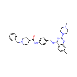 Cc1ccc2c(NCc3ccc(NC(=O)C4CCN(Cc5ccccc5)CC4)cc3)nc(N3CCN(C)CC3)nc2c1 ZINC000049680007