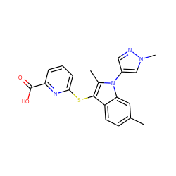 Cc1ccc2c(Sc3cccc(C(=O)O)n3)c(C)n(-c3cnn(C)c3)c2c1 ZINC001772620379