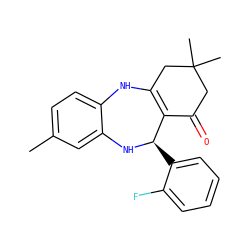 Cc1ccc2c(c1)N[C@H](c1ccccc1F)C1=C(CC(C)(C)CC1=O)N2 ZINC000005218495
