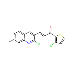 Cc1ccc2cc(/C=C/C(=O)c3sccc3Cl)c(Cl)nc2c1 ZINC000073221349