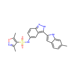 Cc1ccc2cc(-c3[nH]nc4ccc(NS(=O)(=O)c5c(C)noc5C)cc34)[nH]c2c1 ZINC000066066345