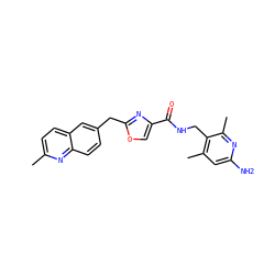 Cc1ccc2cc(Cc3nc(C(=O)NCc4c(C)cc(N)nc4C)co3)ccc2n1 ZINC000114078646