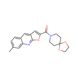 Cc1ccc2cc3cc(C(=O)N4CCC5(CC4)OCCO5)oc3nc2c1 ZINC000004057317